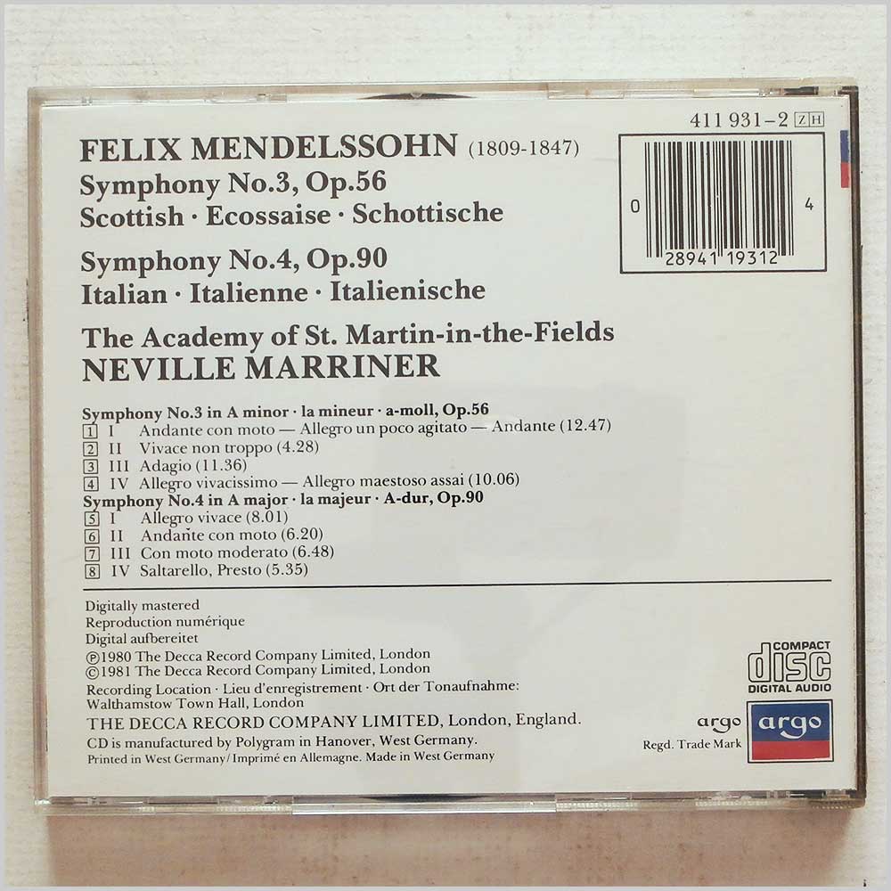 Neville Marriner, The Academy of St. Martin-in-the Fields - Mendelssohn: Symphony No.3 Scottish, Symphony No.4 Italian (28941193124)