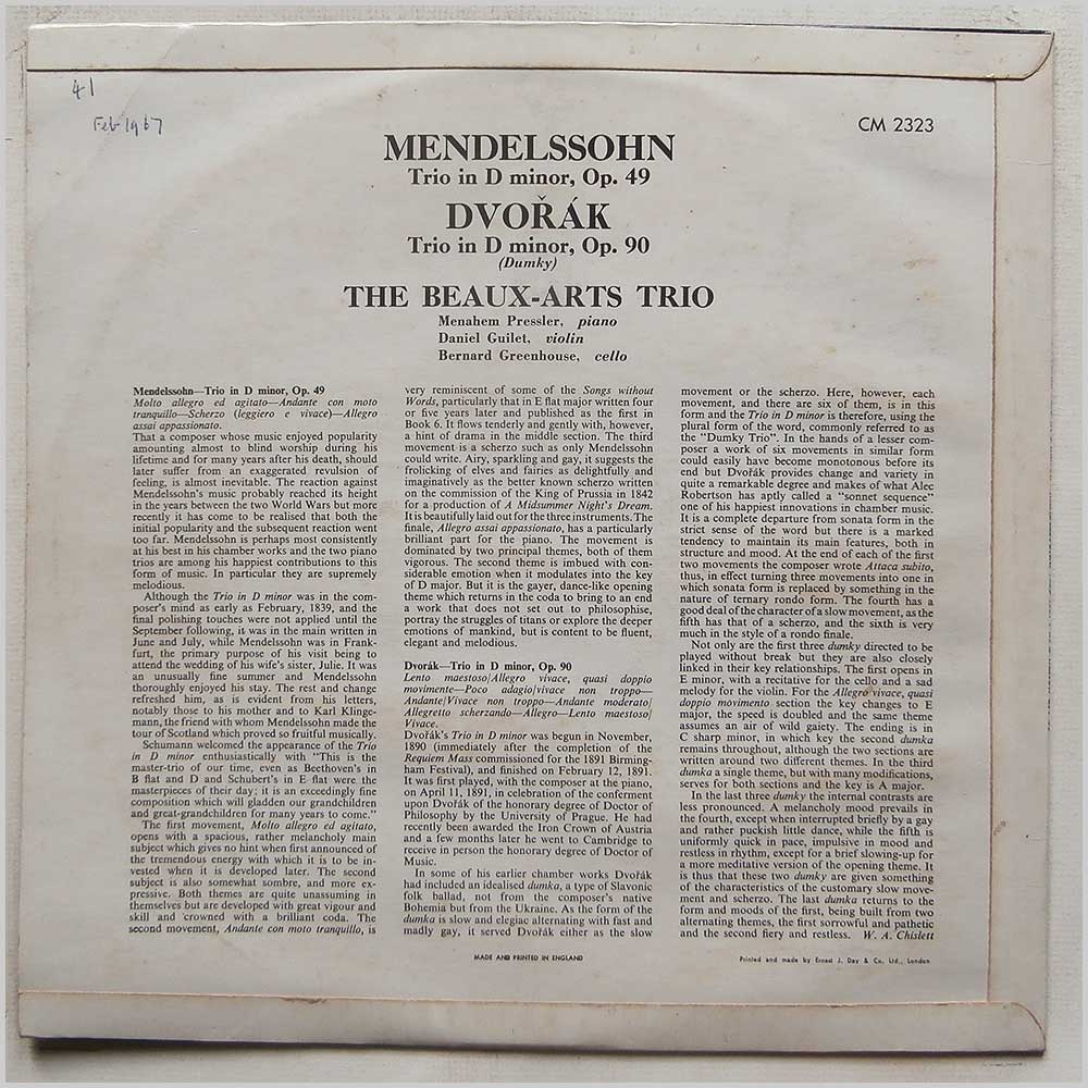 The Beaux Arts Trio - Mendelssohn: Trio in D Minor, Dvorak: Trio in D Minor (M-2323)
