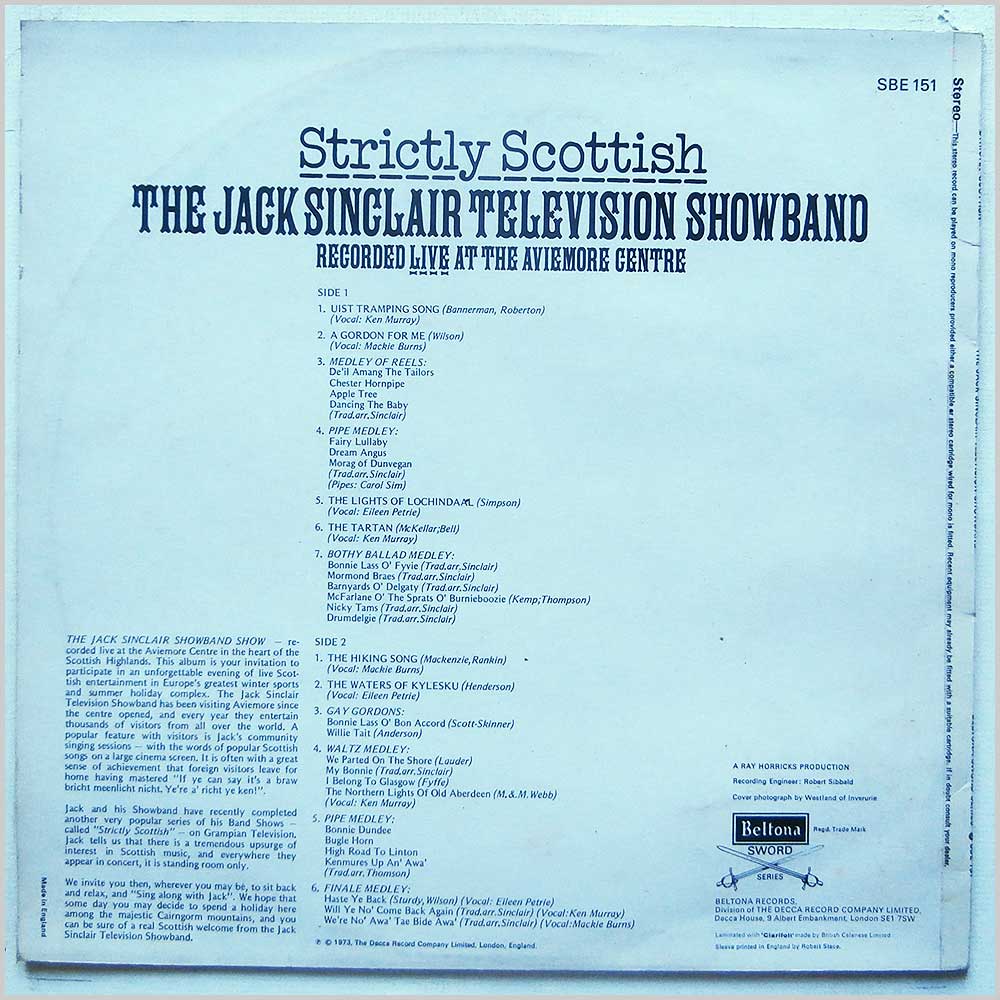 The Jack Sinclair Television Showband - Strictly Scottish The Jack Sinclair Television Showband Recorded Live At The Aviemore Centre (SBE 151)