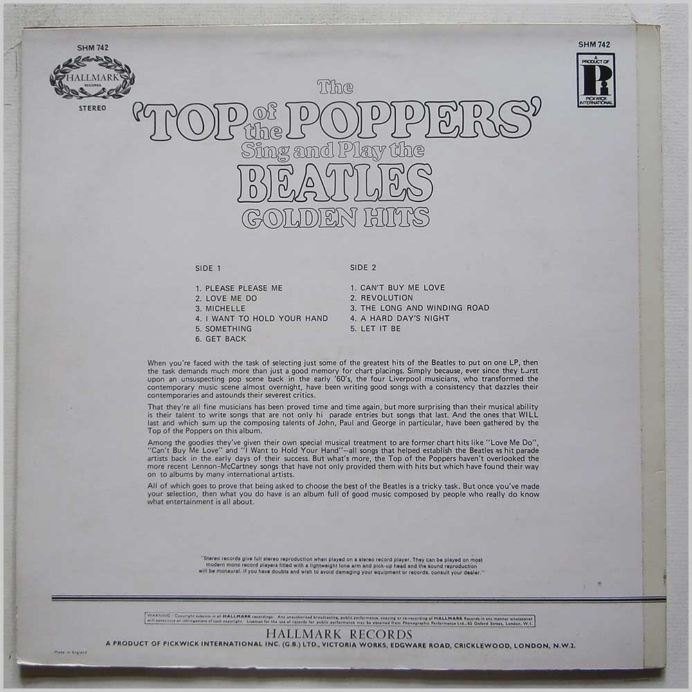 The Top Of The Poppers - The Top Of The Poppers Sing And Play The Beatles Greatest Hits (SHM 742)