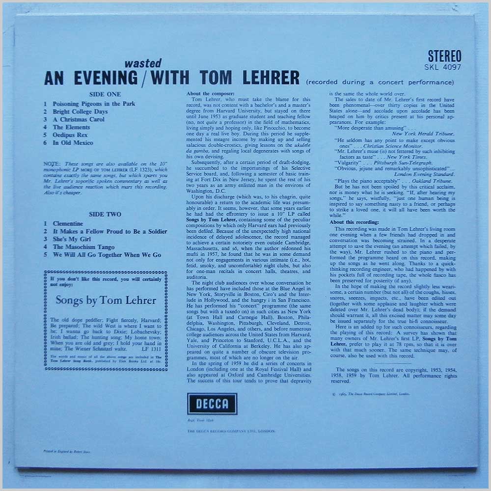 Tom Lehrer - An Evening Wasted With Tom Lehrer (SKL 4097)